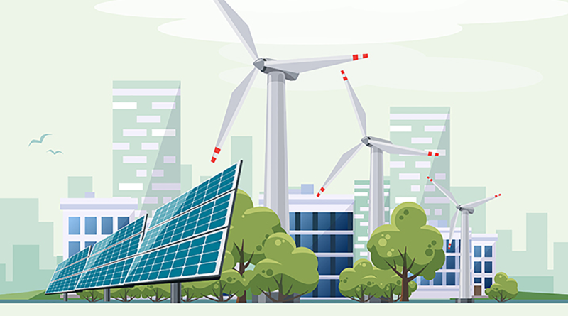 Illustrated image of different Solar Energy methods and wind turbines