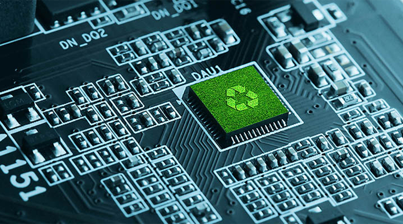 Motherboard with green recycle button on to show Tech Sustainability