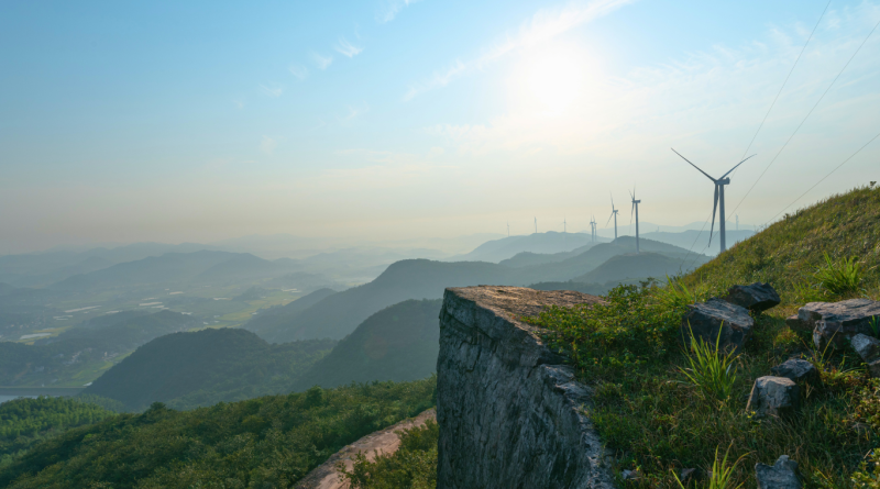 Wind turbines on green hills under a bright sky, showcasing green energy companies.