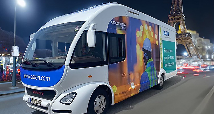 promotional vehicle, specifically a bus or large van, branded by Eaton Corporation