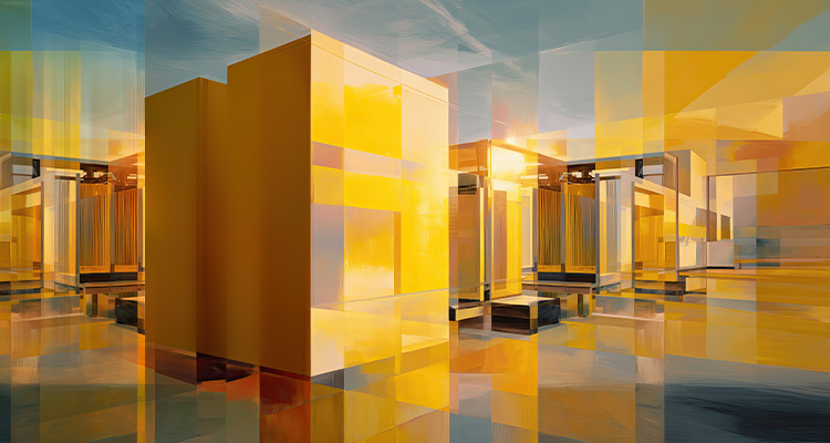 abstract, yellow and blue-toned imagery with reflections and geometric shapes