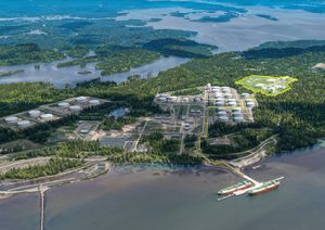 EverWind's current terminal operations and jetty is prominently in the foreground. The back right of the image highlighted in yellow features a rendering of EverWind's Phase 1 Green Hydrogen and Ammonia Plant at Point Tupper, Richmond County, Nova Scotia