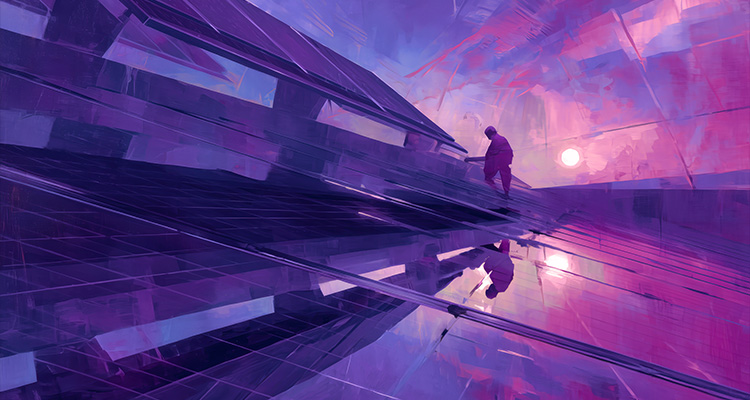 solitary figure in a futuristic or surreal cityscape, bathed in vibrant purple and pink hues
