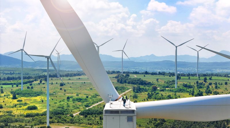 Exus unveils Pitch Power tool promising double digit wind farm gains Wind turbines with a digital chart showing power curve and pitch angle optimization for improved energy output.