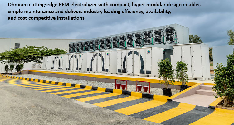 Ohmium cutting-edge PEM electrolyzer with compact, hyper modular design enables simple maintenance and delivers industry leading efficiency, availability, and cost-competitive installations