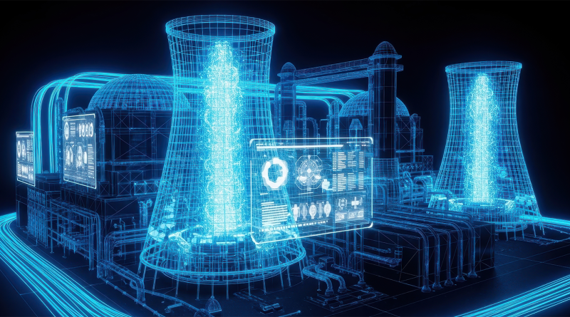 Digital illustration of a futuristic power plant with connected systems representing virtual power plants and renewable energy networks