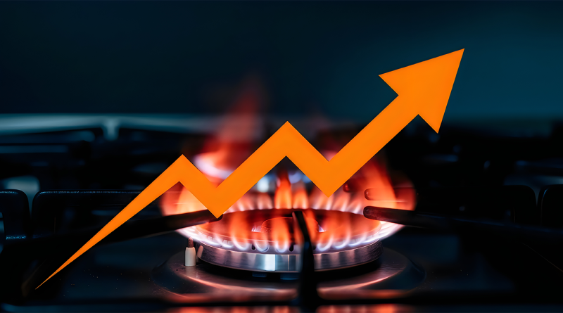 Gas stove burner with visible flame and an upward arrow graphic, symbolising rising energy prices and increasing fuel costs