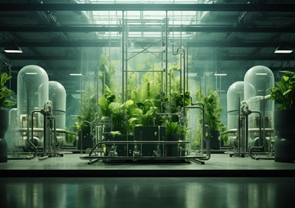 a highly stylized, futuristic bio-laboratory or vertical farming capsule
