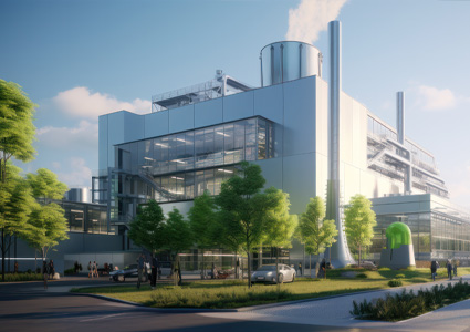 a digital architectural rendering of a modern, multi-story industrial building under a bright blue sky with light clouds