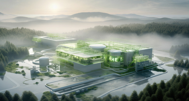 futuristic, eco-friendly manufacturing and research facility surrounded by a misty forest and mountain valley landscape