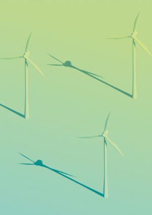 renewable energy wind turbines with a pastel color palette and long shadows