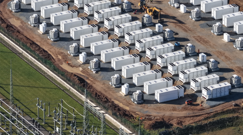 Aerial view of a large-scale battery storage construction site