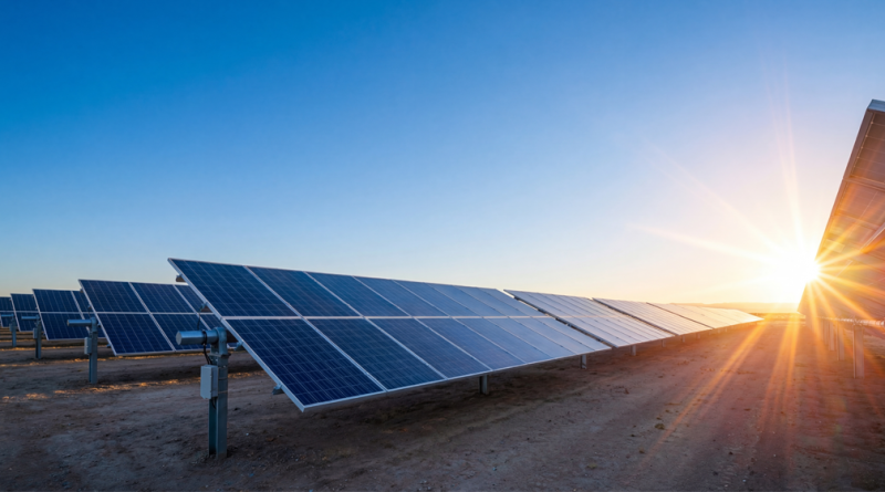Large array of modern photovoltaic solar panels capturing golden sunlight during sunset