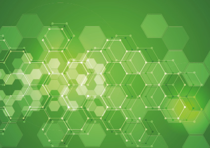 an abstract green background featuring a geometric pattern of overlapping white hexagons and molecular structures