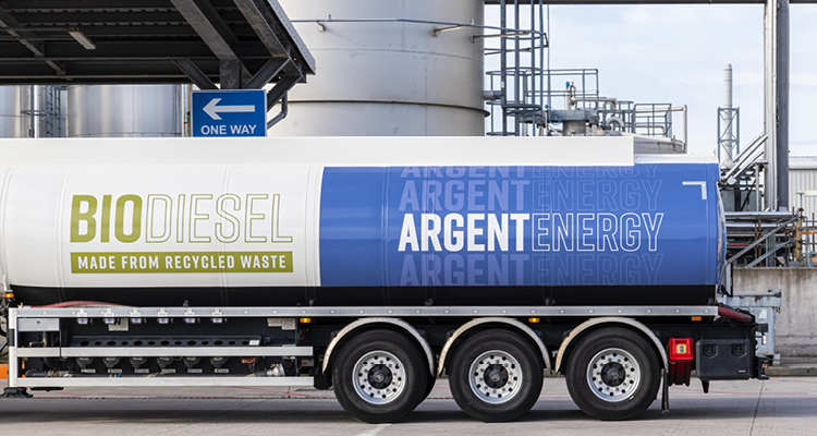 an Argent Energy tanker truck transporting sustainable biodiesel made from recycled waste