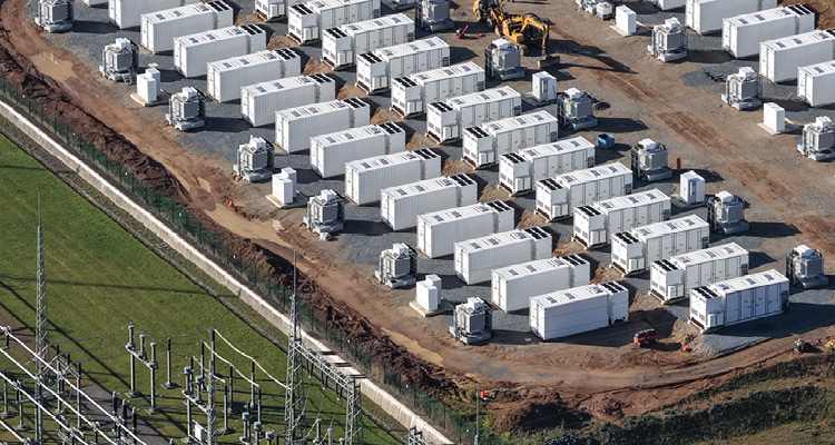 an aerial view of a large-scale Battery Energy Storage System (BESS) construction site