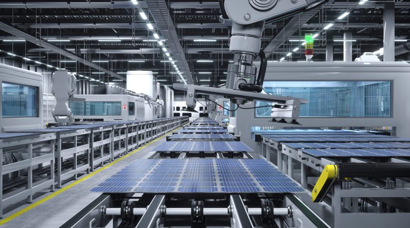 Solar panel manufacturing facility with photovoltaic production equipment and solar cells.