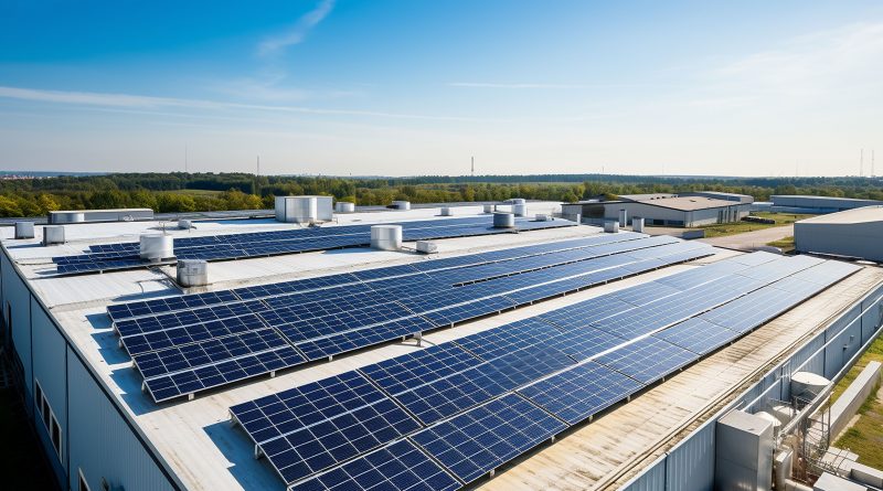 Commercial warehouse rooftop fitted with on-site solar panels, illustrating how businesses can generate clean energy and reduce electricity bills.